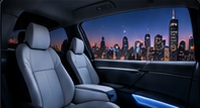 Premium electric vehicle interior with city lights through the window