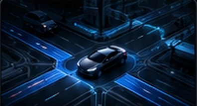 Autonomous vehicle seen from above crossing a glowing digital intersection