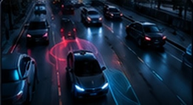 Vehicle in night traffic with digital detection overlays