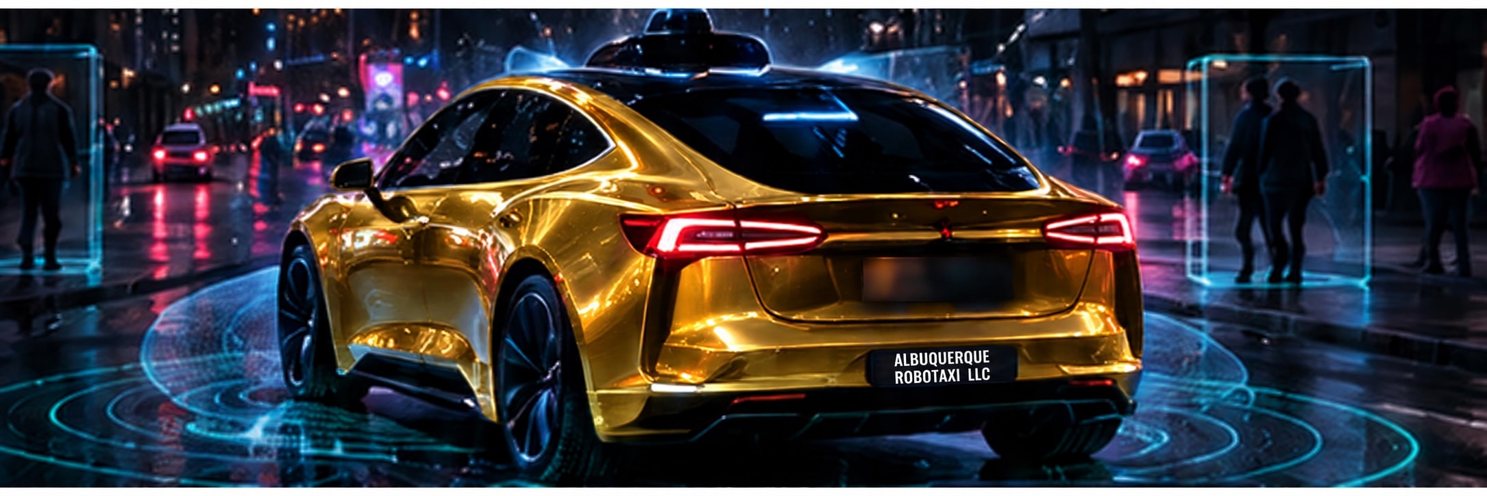 Rear view of an Albuquerque Robô Taxi vehicle with sensor visualization around it